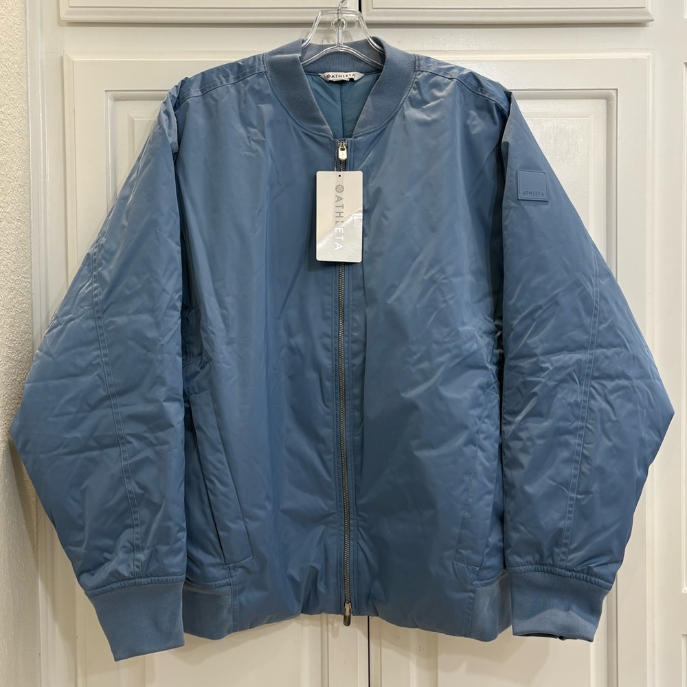 NWT ATHLETA DUSTY BLUE WOMEN’S SATEEN BOMBER S: XL